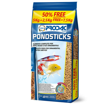 Confezione da 7,5kg di mangime completo Prodac per pesci da laghetto ornamentale.