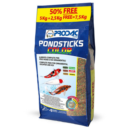 Confezione da 7,5kg di mangime completo Prodac Pondstick Color per pesci da laghetto ornamentale.