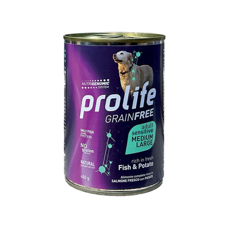 Prolife Grain Free Adult Sensitive Medium Large al pesce e patate per cani medi e grandi, lattina da 400 g
