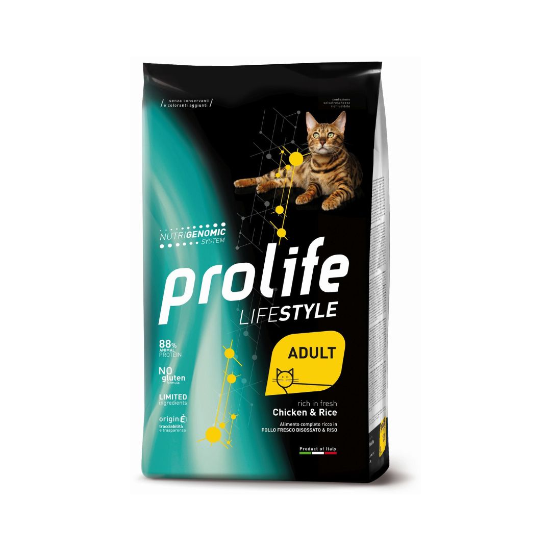 Sacco di crocchette Prolife Lifestyle Adult per gatti adulti, gusto pollo e riso, con sistema Nutrigenomic, 88% proteine animali, senza glutine