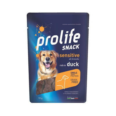 Prolife Snack Sensitive all breeds con anatra, monoproteico grain free per cani, confezione da 90 g