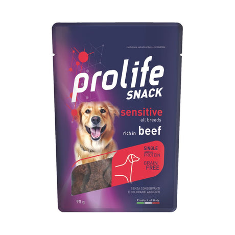 Prolife Snack Sensitive all breeds con manzo, monoproteico grain free per cani, confezione da 90 g