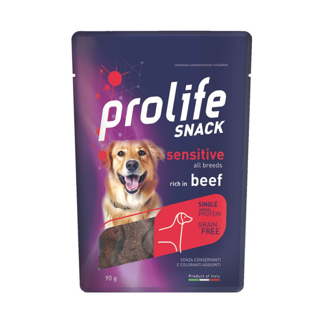 Prolife Snack Sensitive all breeds con manzo, monoproteico grain free per cani, confezione da 90 g