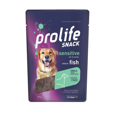 Prolife Snack Sensitive all breeds con pesce, monoproteico grain free per cani, confezione da 90 g