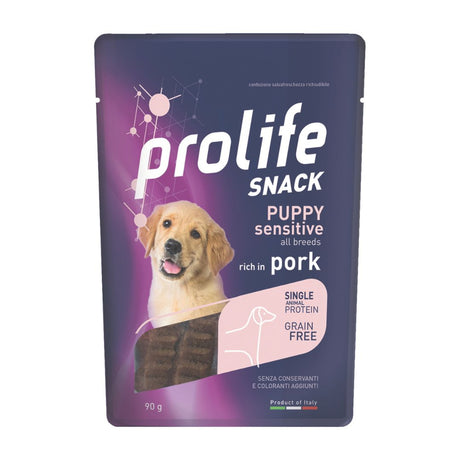 Prolife Snack Puppy Sensitive all breeds con maiale, monoproteico grain free per cuccioli, confezione da 90 g