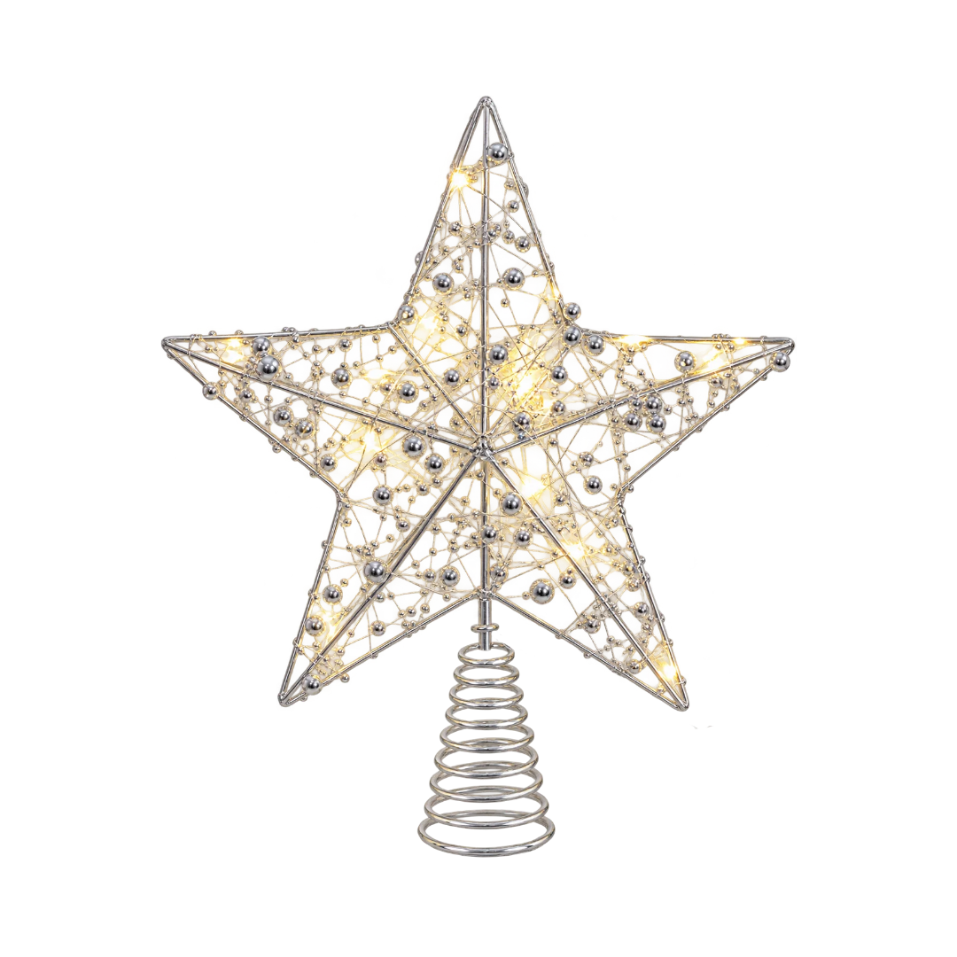 Puntale per albero di Natale a stella argento con perline e micro LED a luce calda