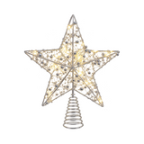 Puntale per albero di Natale a stella argento con perline e micro LED a luce calda