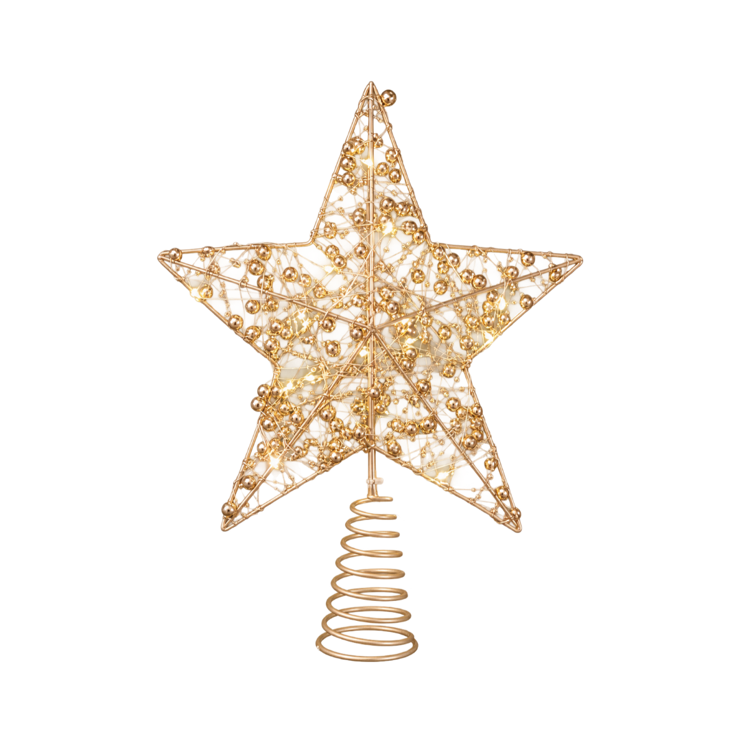 Puntale per albero di Natale a stella oro con perline e micro LED a luce calda