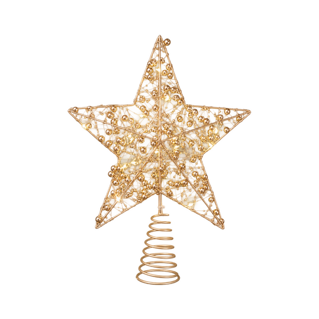 Puntale per albero di Natale a stella oro con perline e micro LED a luce calda