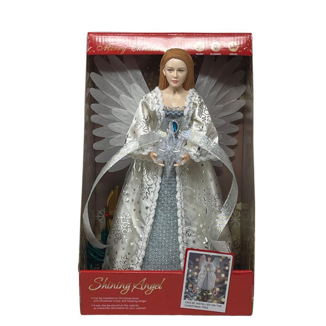 Confezione natalizia con puntale a forma di angelo bianco e argento, vestito in abito con dettagli glitterati e ali bianche, che regge una stella argentata luminosa.