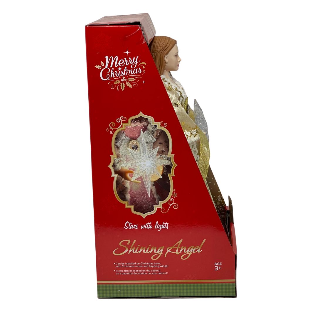 Lato della confezione natalizia con puntale a forma di angelo dorato, vestito in abito con dettagli glitterati. 