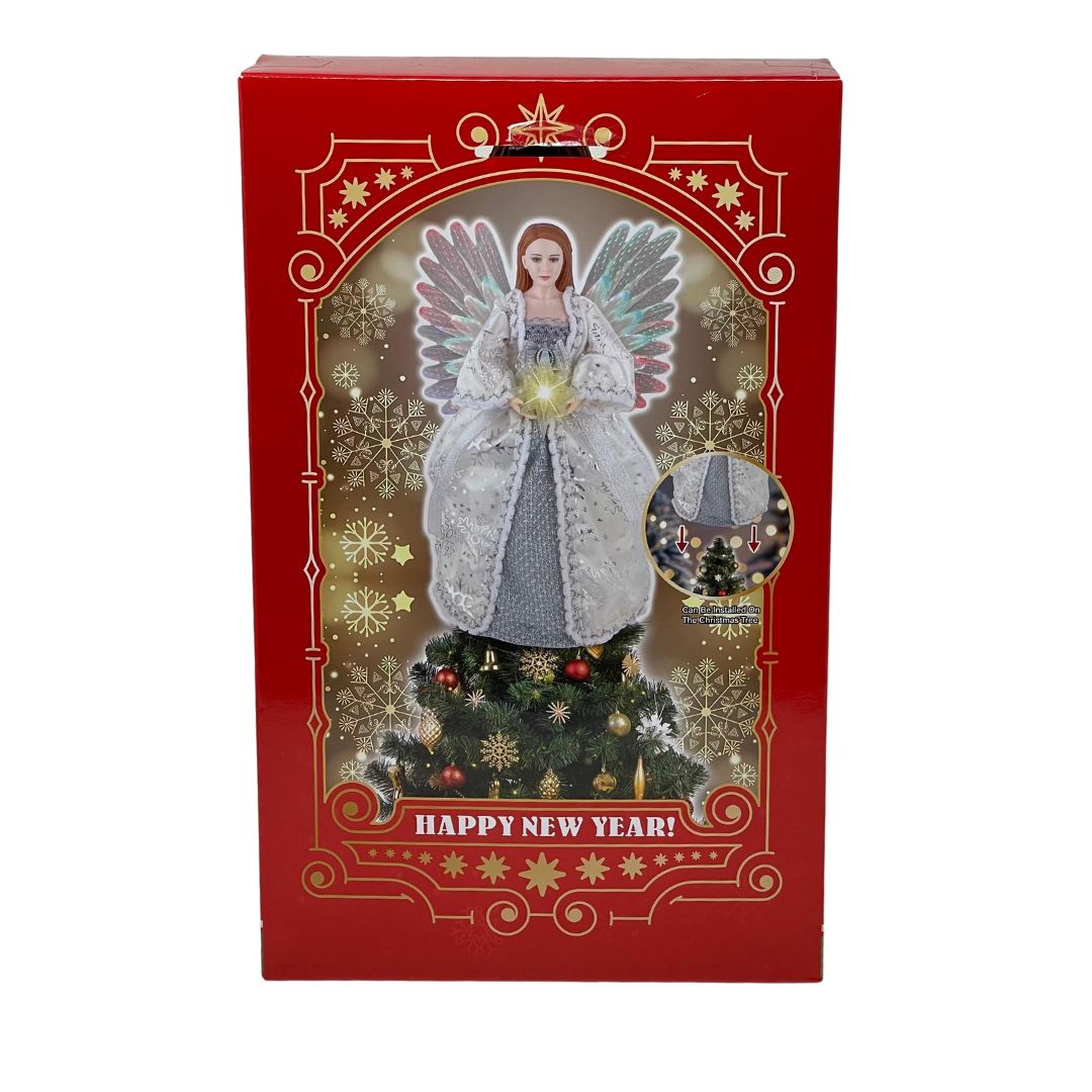 Retro della confezione natalizia con puntale a forma di angelo dorato, vestito in abito con dettagli glitterati e ali bianche, che regge una stella luminosa.