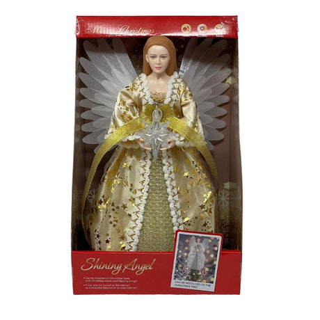 Confezione natalizia con puntale a forma di angelo dorato, vestito in abito con dettagli glitterati e ali bianche, che regge una stella argentata luminosa.