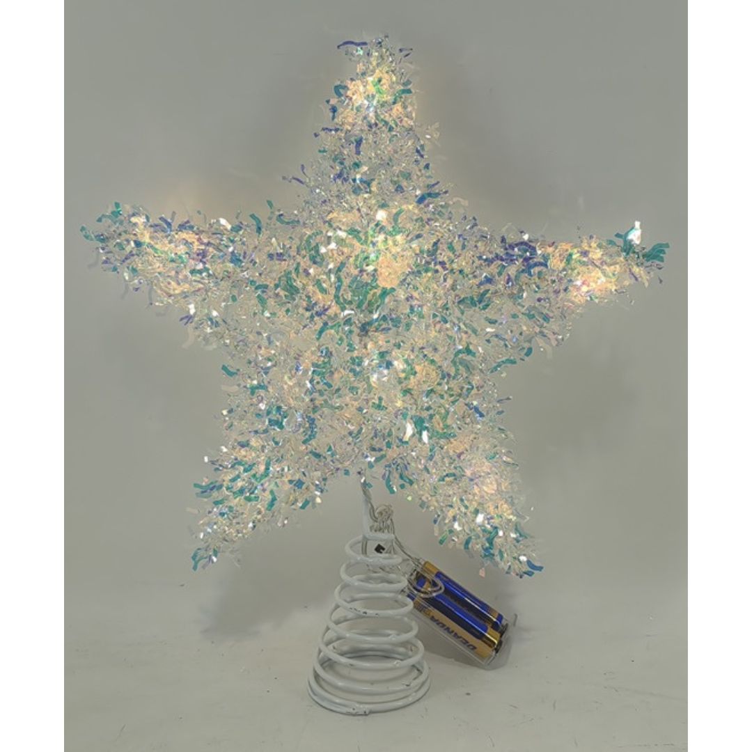 Puntale natalizio a forma di stella iridescente illuminato da luci LED bianco caldo con base a spirale metallica.
