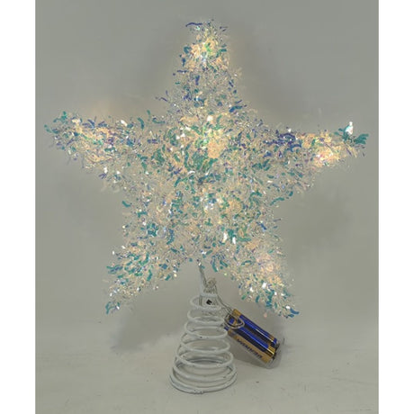 Puntale natalizio a forma di stella iridescente illuminato da luci LED bianco caldo con base a spirale metallica.