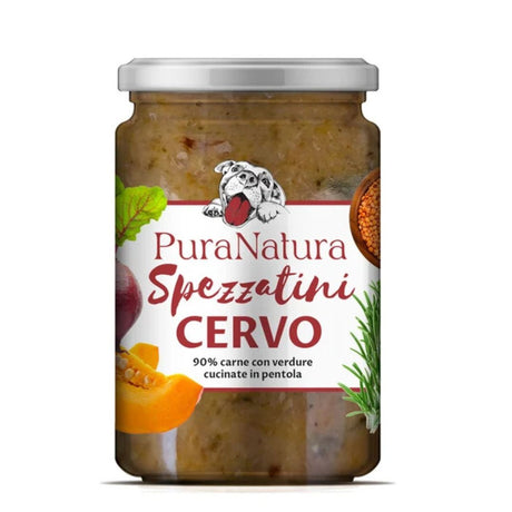 Vasetto PuraNatura da 300g di cibo umido per cani con verdure e cervo.