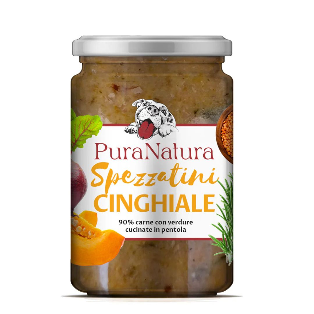 Vasetto PuraNatura da 300g di cibo umido per cani con verdure e cinghiale.
