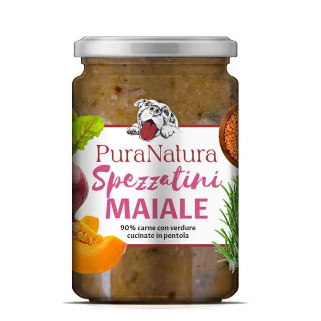 Vasetto PuraNatura da 300g di cibo umido per cani con verdure e maiale.