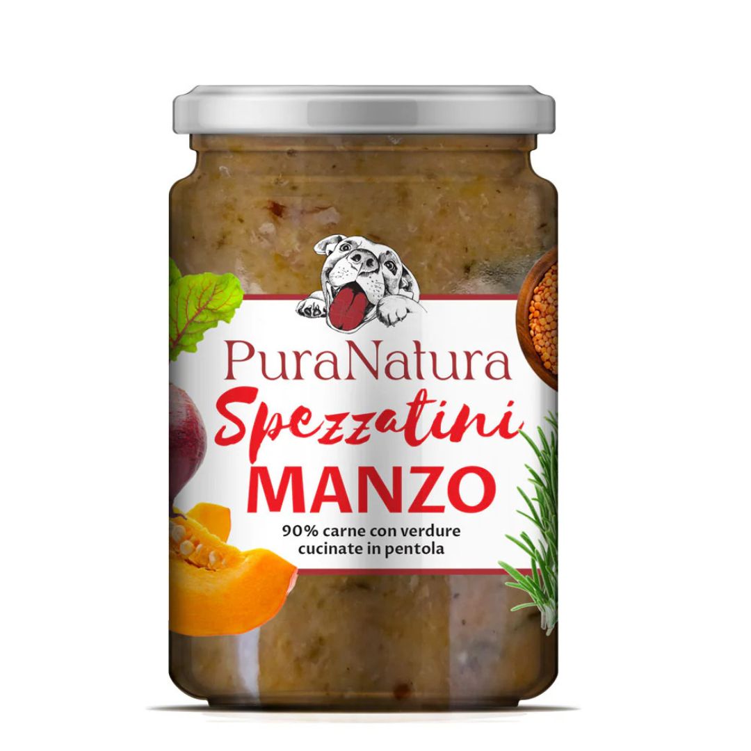 Vasetto PuraNatura da 300g di cibo umido per cani con verdure e manzo.