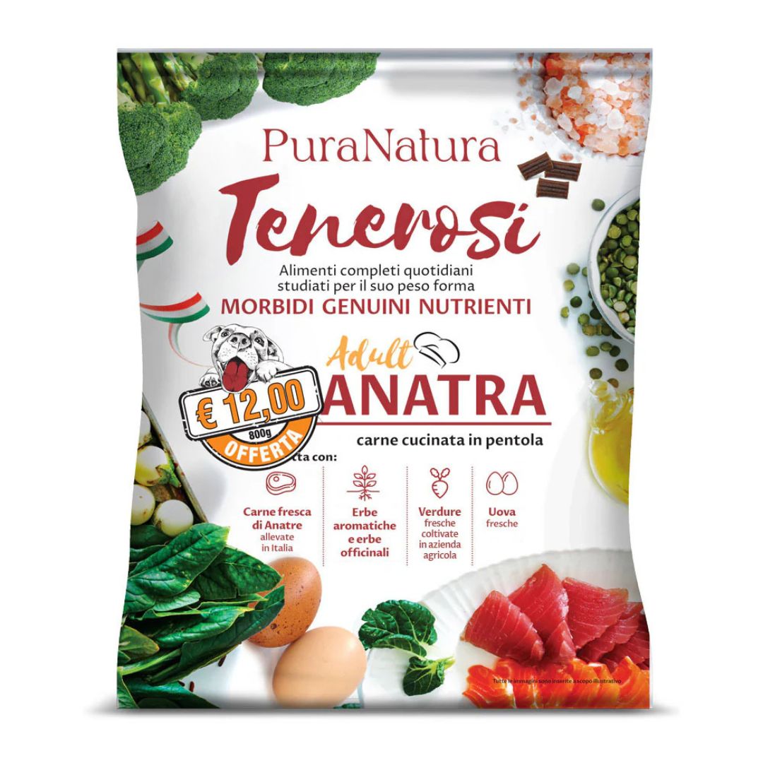 Confezione da 800g di Tenerosi all'anatra di PuraNatura per cani.