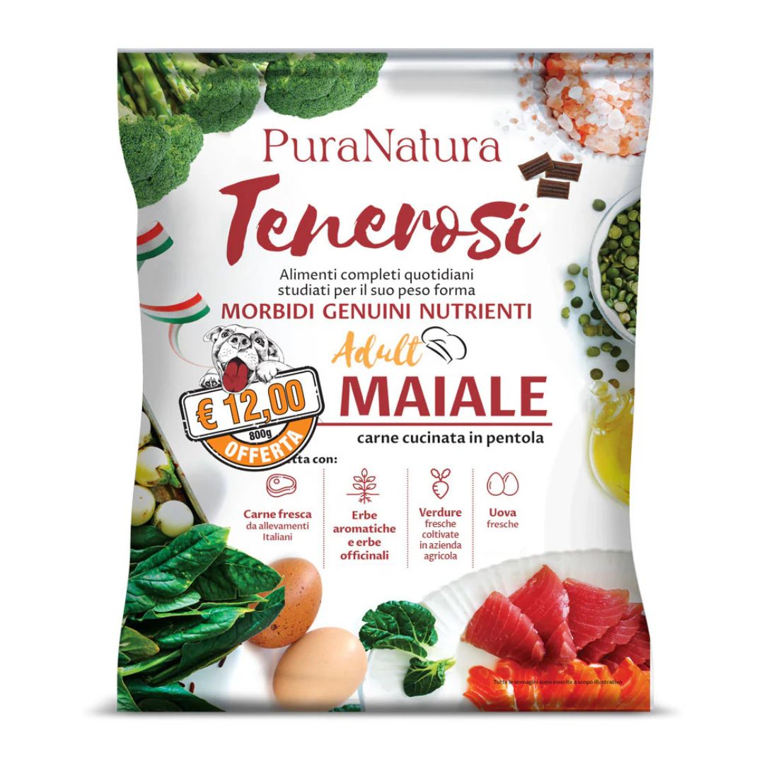 Confezione da 800g di Tenerosi al maiale di PuraNatura per cani.