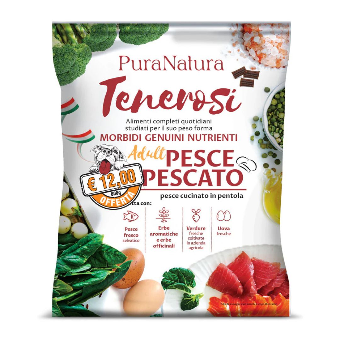 Confezione da 800g di Tenerosi al pesce di PuraNatura per cani.