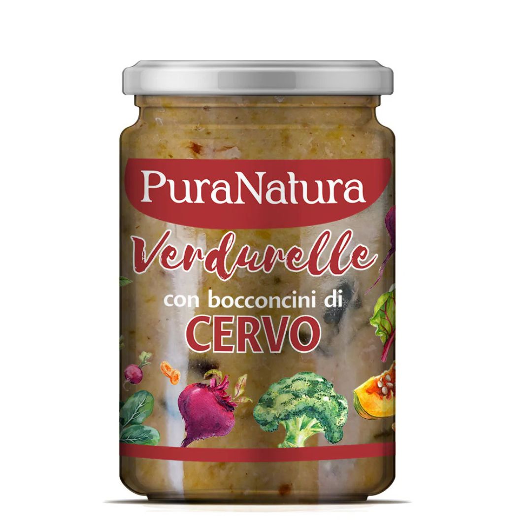 Vasetto PuraNatura da 300g di cibo umido per cani con verdure e cervo.