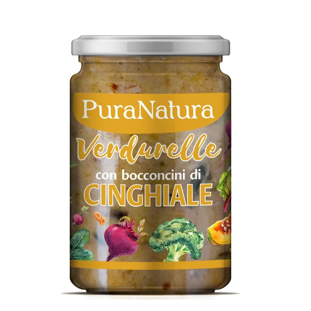 Vasetto PuraNatura da 300g di cibo umido per cani con verdure e cinghiale.
