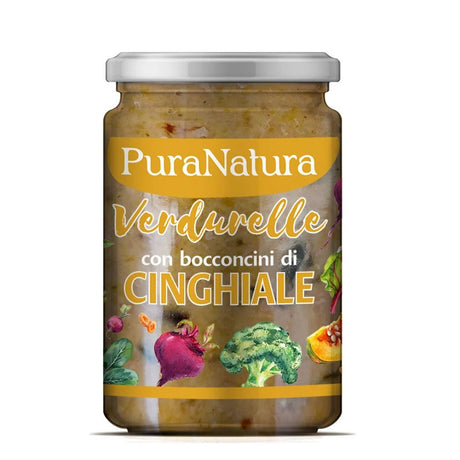 Vasetto PuraNatura da 300g di cibo umido per cani con verdure e cinghiale.