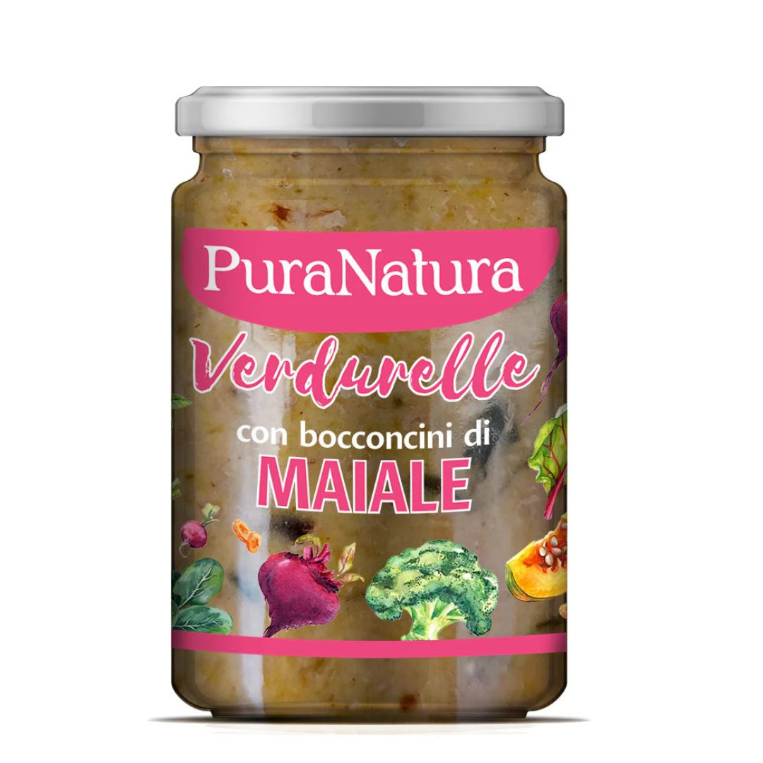 Vasetto PuraNatura da 300g di cibo umido per cani con verdure e maiale.