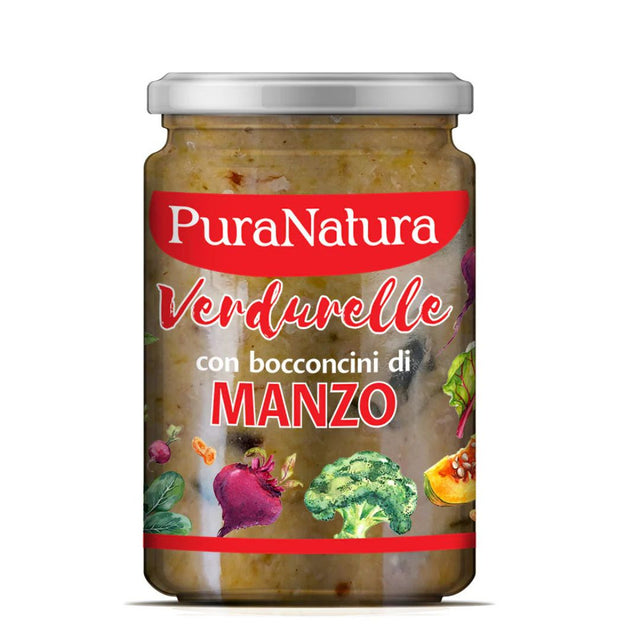 Vasetto PuraNatura da 300g di cibo umido per cani con verdure e manzo.