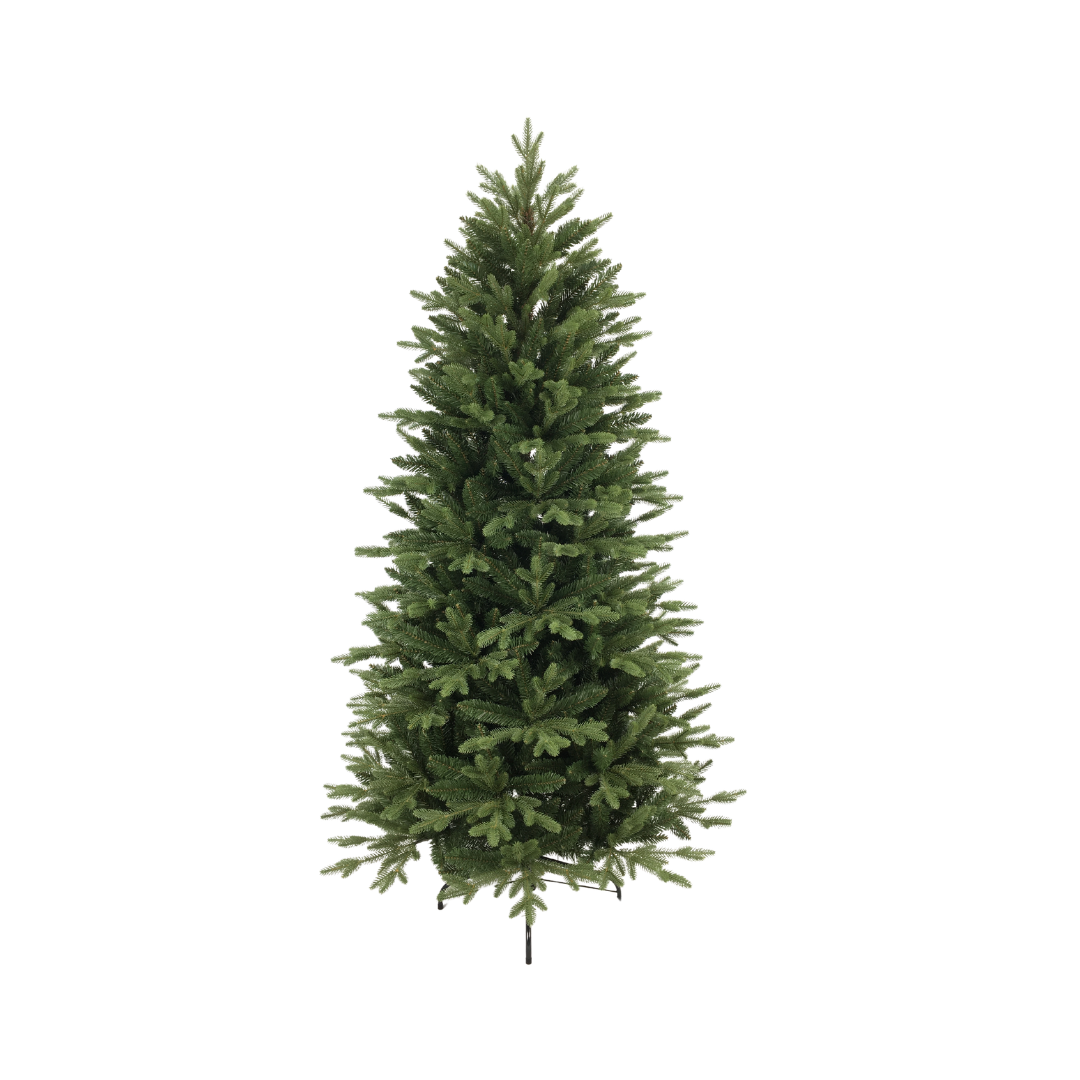 Albero di Natale slim verde dall’aspetto naturale, con forma stretta e slanciata e rami fitti distribuiti lungo tutta la chioma