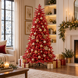 Albero di Natale Red floccato rosso ambientato in una scena natalizia