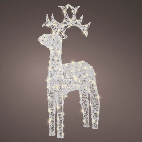 Renna alta 110cm luminosa in acrilico trasparente con LED caldi su fondo scuro.