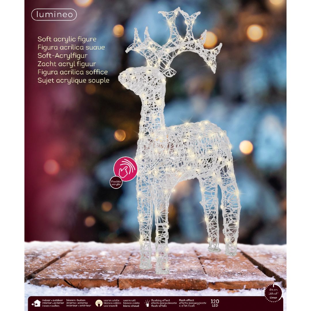 Confezione della renna luminosa in acrilico Lumineo, con 120 LED e timer integrato.