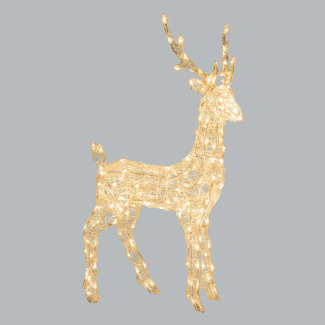 Decorazione natalizia 3D a forma di renna da 105 cm illuminata da micro LED a luce bianco caldo, su sfondo grigio chiaro.