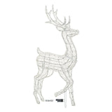 Struttura in acrilico trasparente a forma di renna 3D alta 125 cm, con base in metallo e cavo di alimentazione visibile su sfondo bianco.