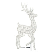 Struttura in acrilico trasparente a forma di renna 3D alta 125 cm, con base in metallo e cavo di alimentazione visibile su sfondo bianco.