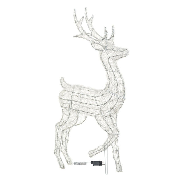 Struttura in acrilico trasparente a forma di renna 3D alta 125 cm, con base in metallo e cavo di alimentazione visibile su sfondo bianco.