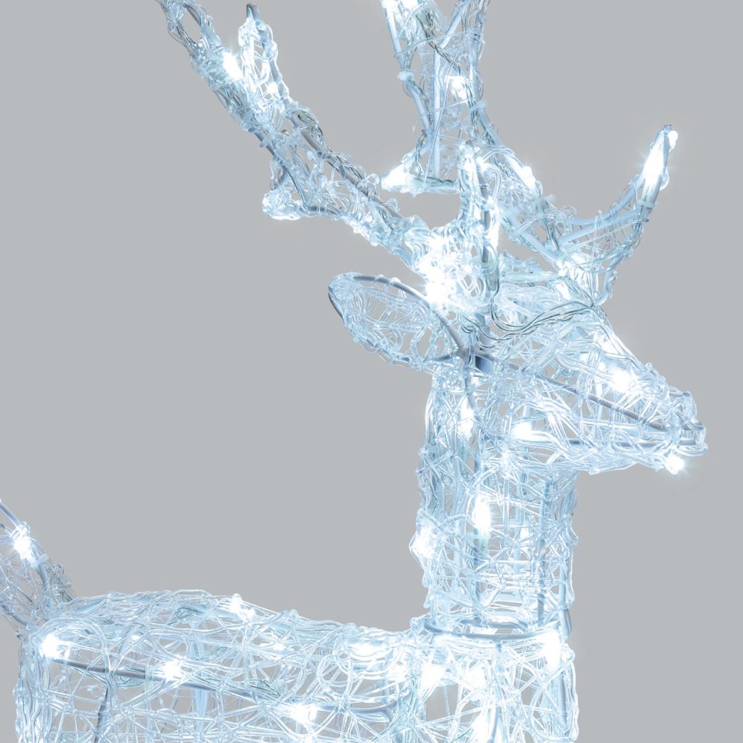 Primo piano della renna luminosa in acrilico con luci LED bianco freddo, altezza 65 cm.