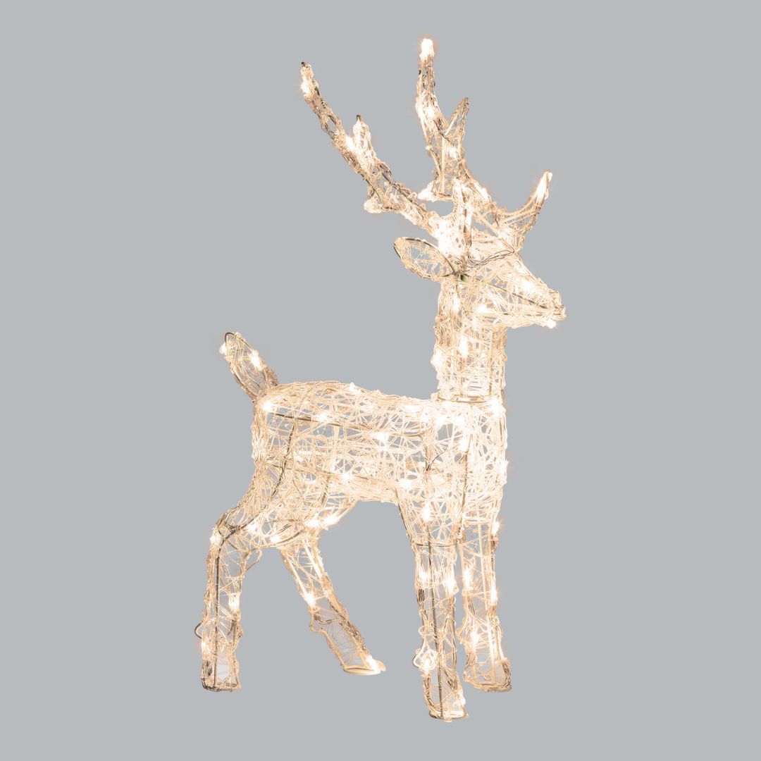 Decorazione natalizia 3D a forma di renna da 65 cm illuminata da micro LED a luce bianco misto, su sfondo grigio chiaro.