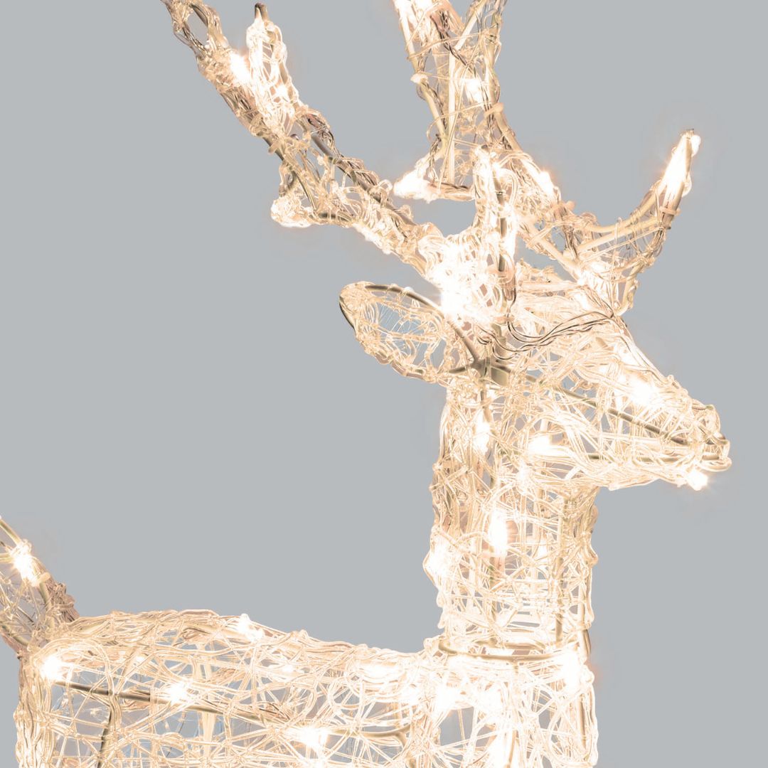 Primo piano della renna luminosa in acrilico con luci LED bianco misto, altezza 65 cm.