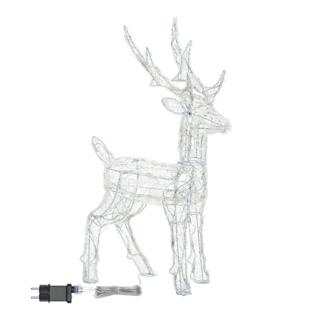 Renna 3D luminosa in acrilico trasparente alta 65 cm con trasformatore su sfondo bianco.