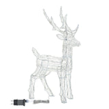 Renna 3D luminosa in acrilico trasparente alta 65 cm con trasformatore su sfondo bianco.