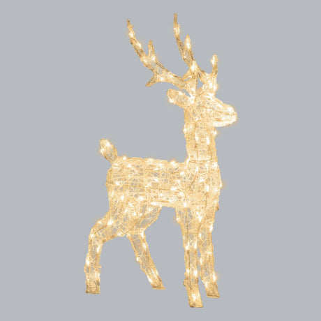 Decorazione natalizia 3D a forma di renna da 85 cm illuminata da micro LED a luce bianco caldo, su sfondo grigio chiaro.
