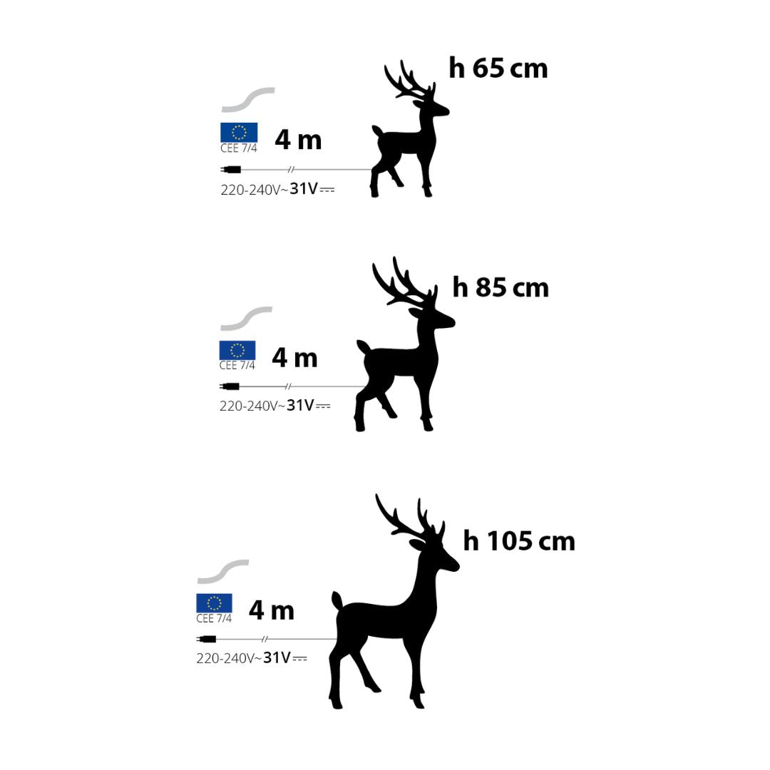 Schema delle tre misure disponibili di renne 3D in acrilico: 65cm, 85cm, 105cm, tutto con cavo di alimentazione di 4 m e trasformatore.