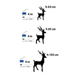 Schema delle tre misure disponibili di renne 3D in acrilico: 65cm, 85cm, 105cm, tutto con cavo di alimentazione di 4 m e trasformatore.
