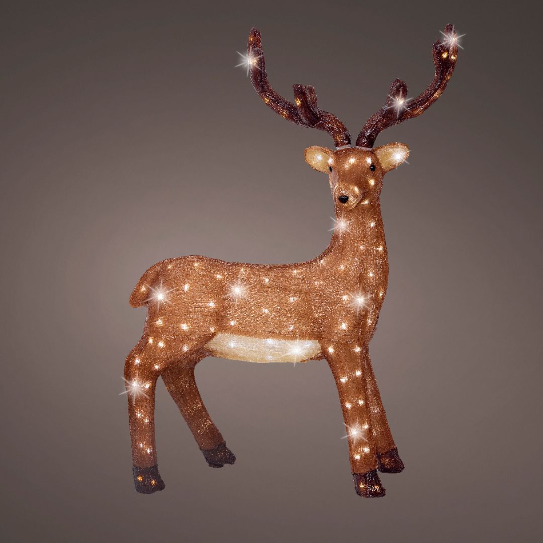 Figura decorativa in acrilico a forma di renna marrone con LED bianchi su fondo scuro.