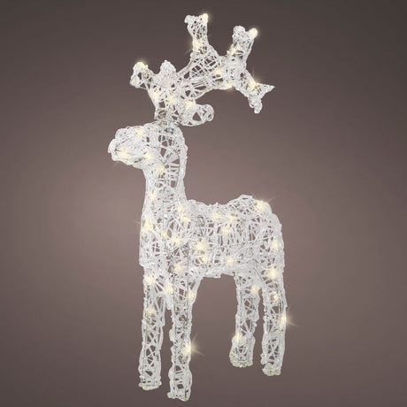 Figura natalizia a forma di renna in acrilico trasparente con luci calde, sfondo scuro.