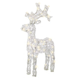 Figura natalizia a forma di renna in acrilico trasparente con luci calde, sfondo bianco.
